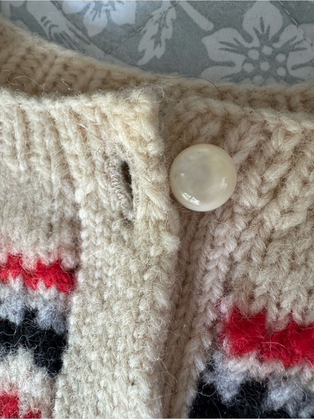 Cream Button Up Cardigan with Black, Gray and Red Stripe Design - Picture 3 of 8